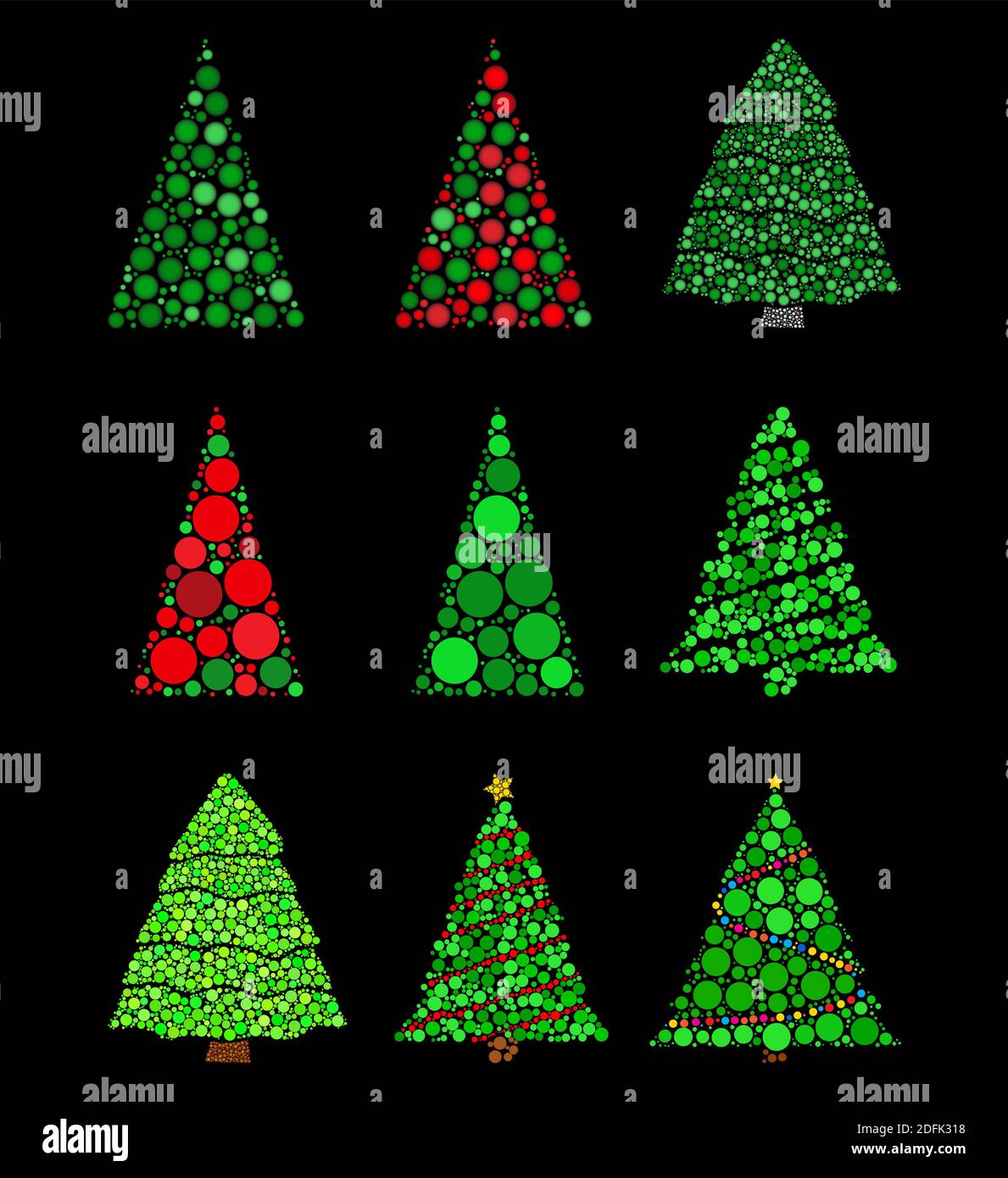 Abstrakter weihnachtsbaum aus Punkten gesetzt. Tannenbaum mit grünen Kreisen Sammlung gemacht. Vektordarstellung auf schwarzem Hintergrund isoliert. Am besten für Re Stock Vektor