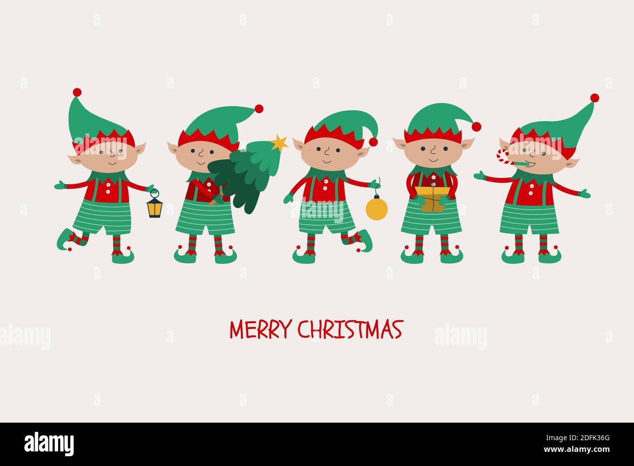 Weihnachtselfen mit Geschenk, Baum, Kugel, Laterne isoliert auf grauem  Hintergrund. Frohe Weihnachten und Neujahrsbanner mit Santa Claus Helfer  Stock-Vektorgrafik - Alamy