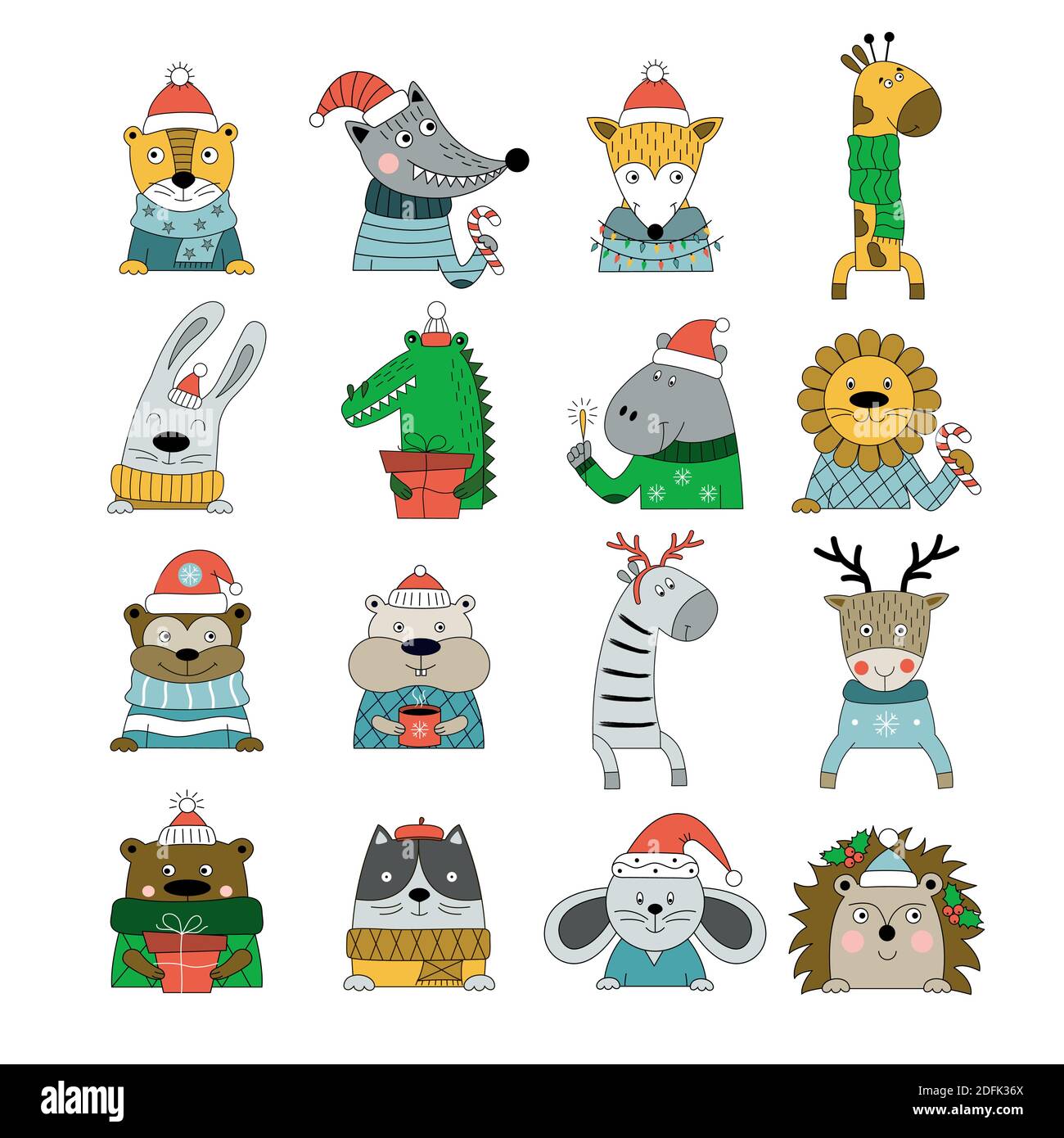 Set von handgezeichneten Tieren in Winterkostümen isoliert auf weißem Hintergrund. Vektor-Illustration für Dekoration Weihnachtskarte, Poster, Banner Stock Vektor