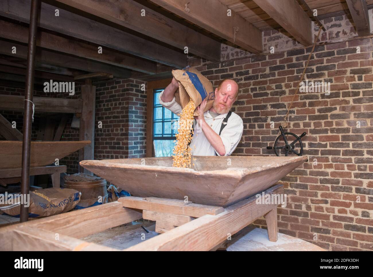 Ein Müller mahlt Mais im Aldie Mill Museum in Aldie, Virginia. Stockfoto