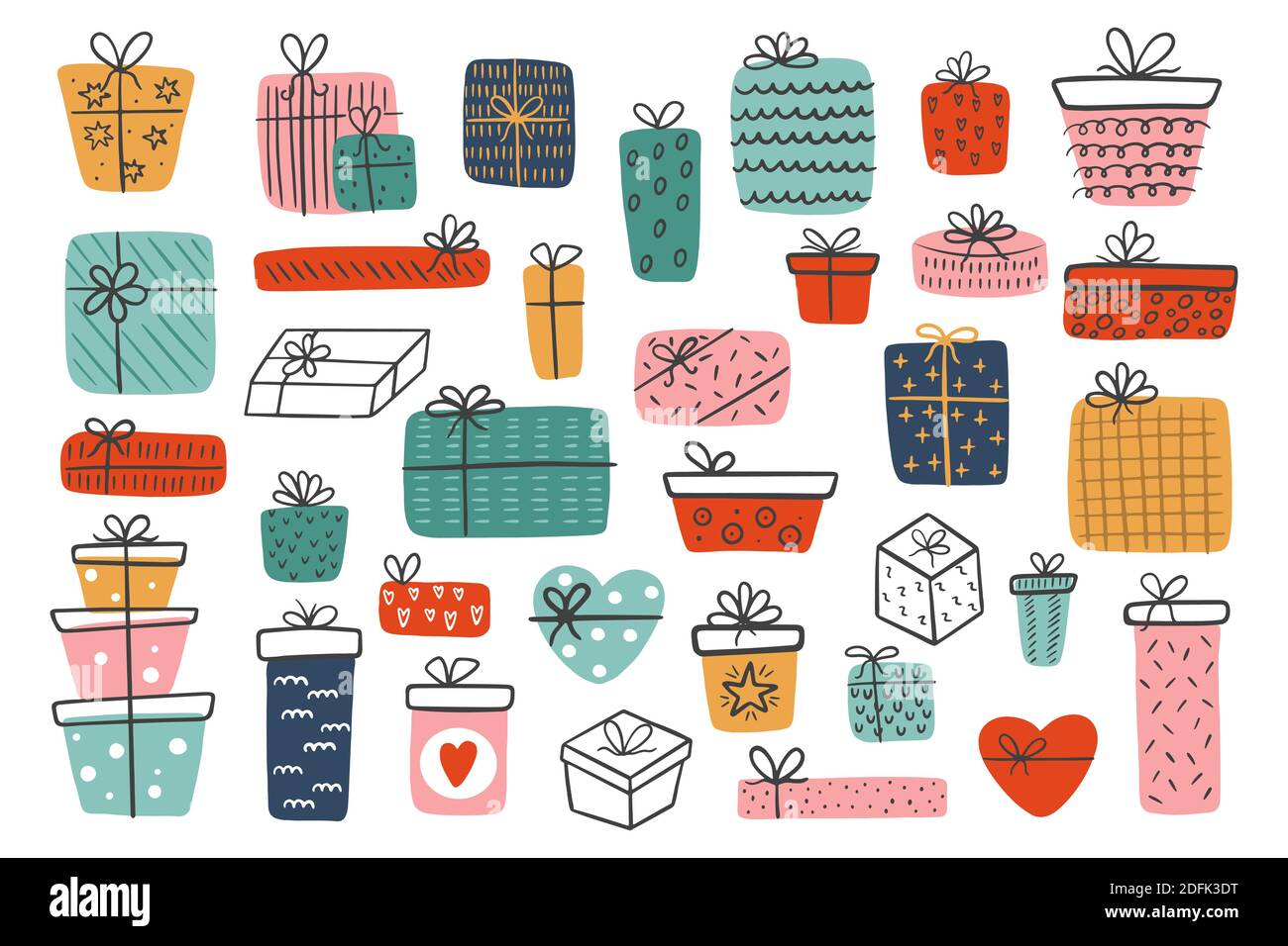 Große Reihe von handgezeichneten verschiedenen Geschenk-Boxen isoliert auf einem weißen Hintergrund. Bunte Geschenke zum Valentinstag, Weihnachten, Neujahr, Geburtstag. Stock Vektor