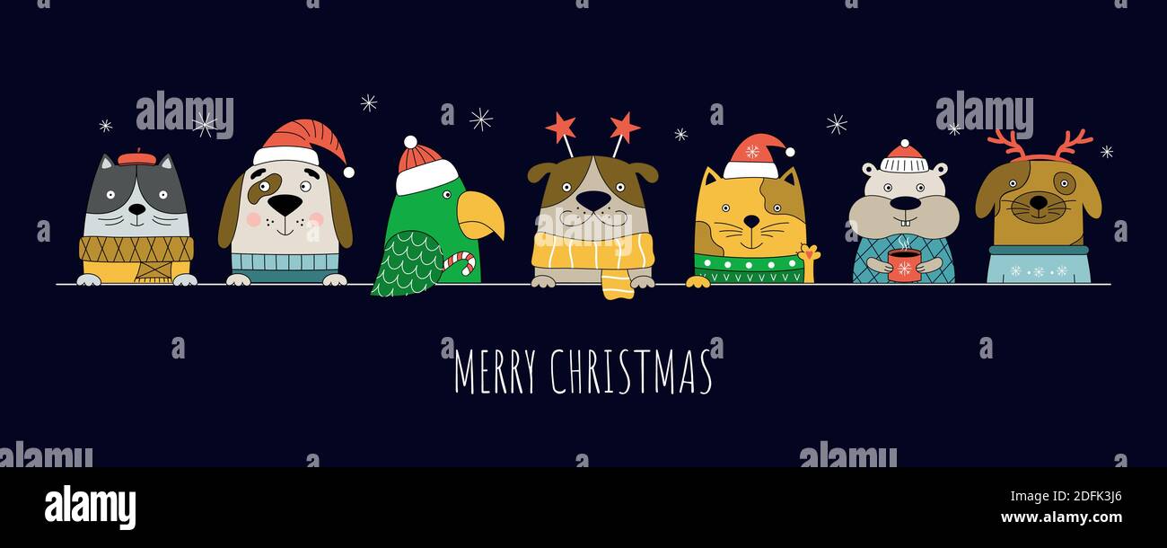 Frohe Weihnachten Illustration mit Katzen, Hunden, Papagei und Hamster. Weihnachtsbanner für Haustiergeschäft Website. Stock Vektor