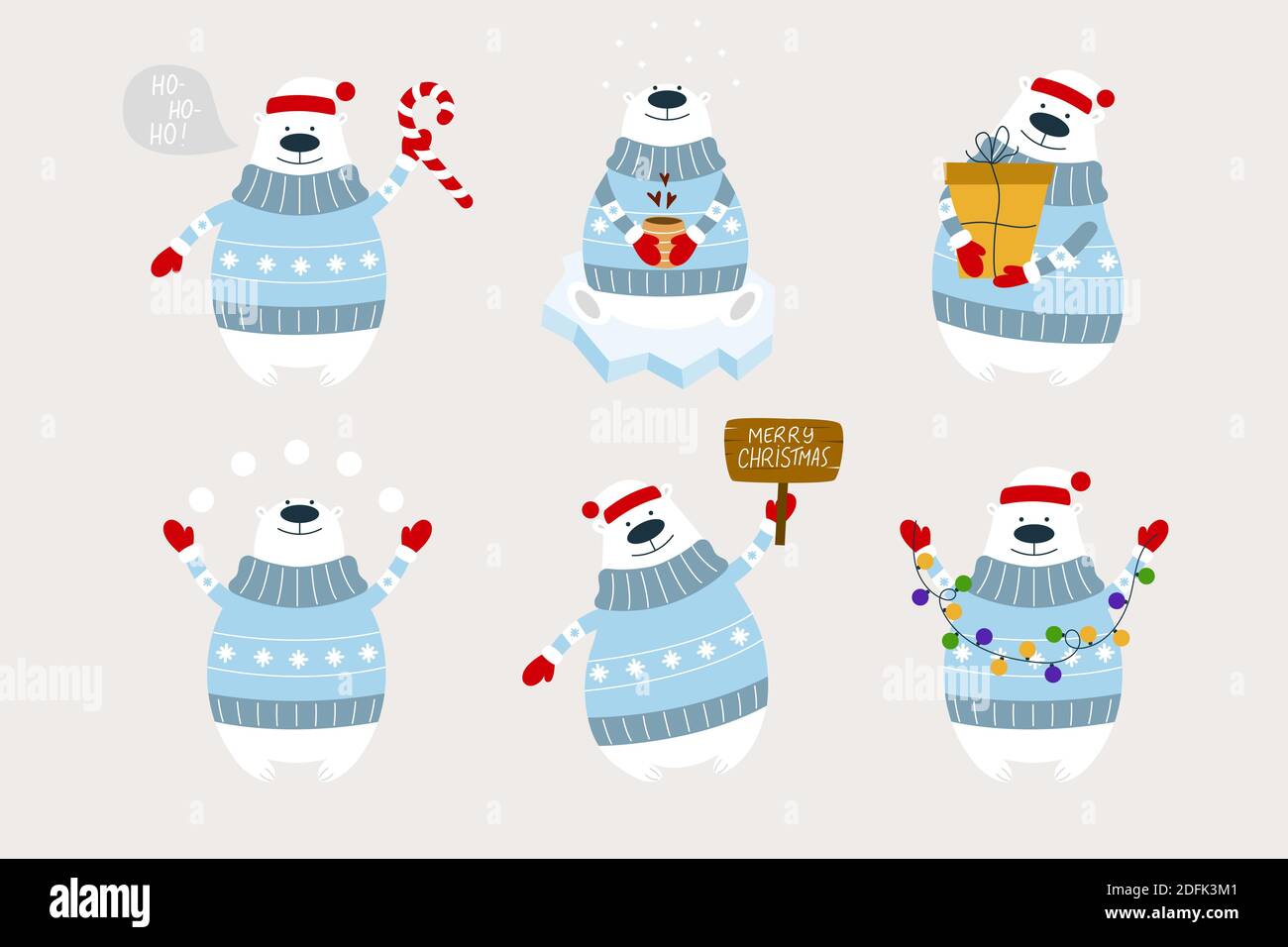 Eisbären mit Girlande, Geschenk, Schneebälle, Holzschild, Kerzenrohr, Tasse Kaffee. Weihnachten Vektor-Illustration mit Eisbären. Stock Vektor