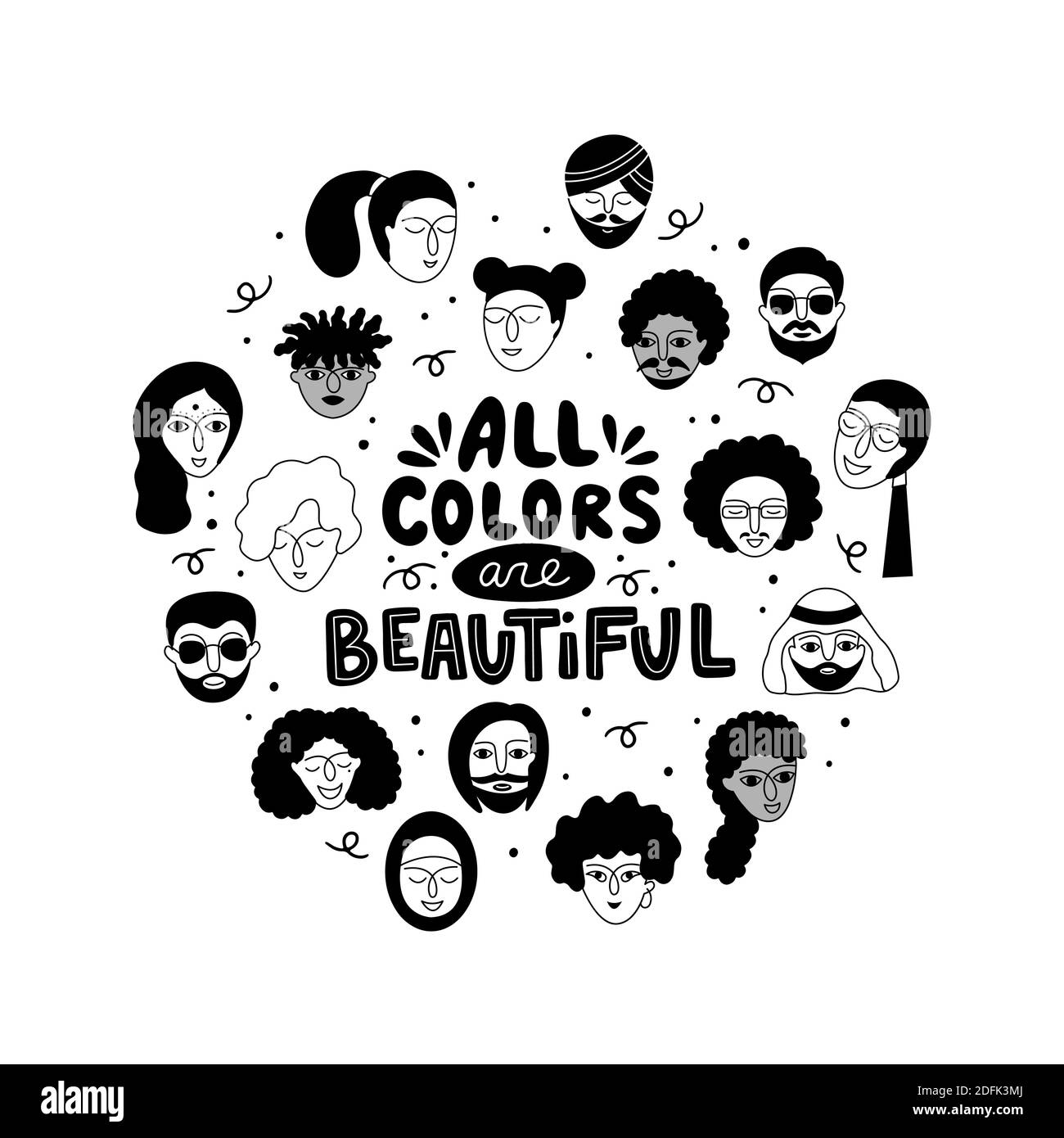 Alle Farben sind schöne Schriftzüge. Multikulturelle Gruppe von Menschen und eine Phrase in einem runden Rahmen. Stock Vektor