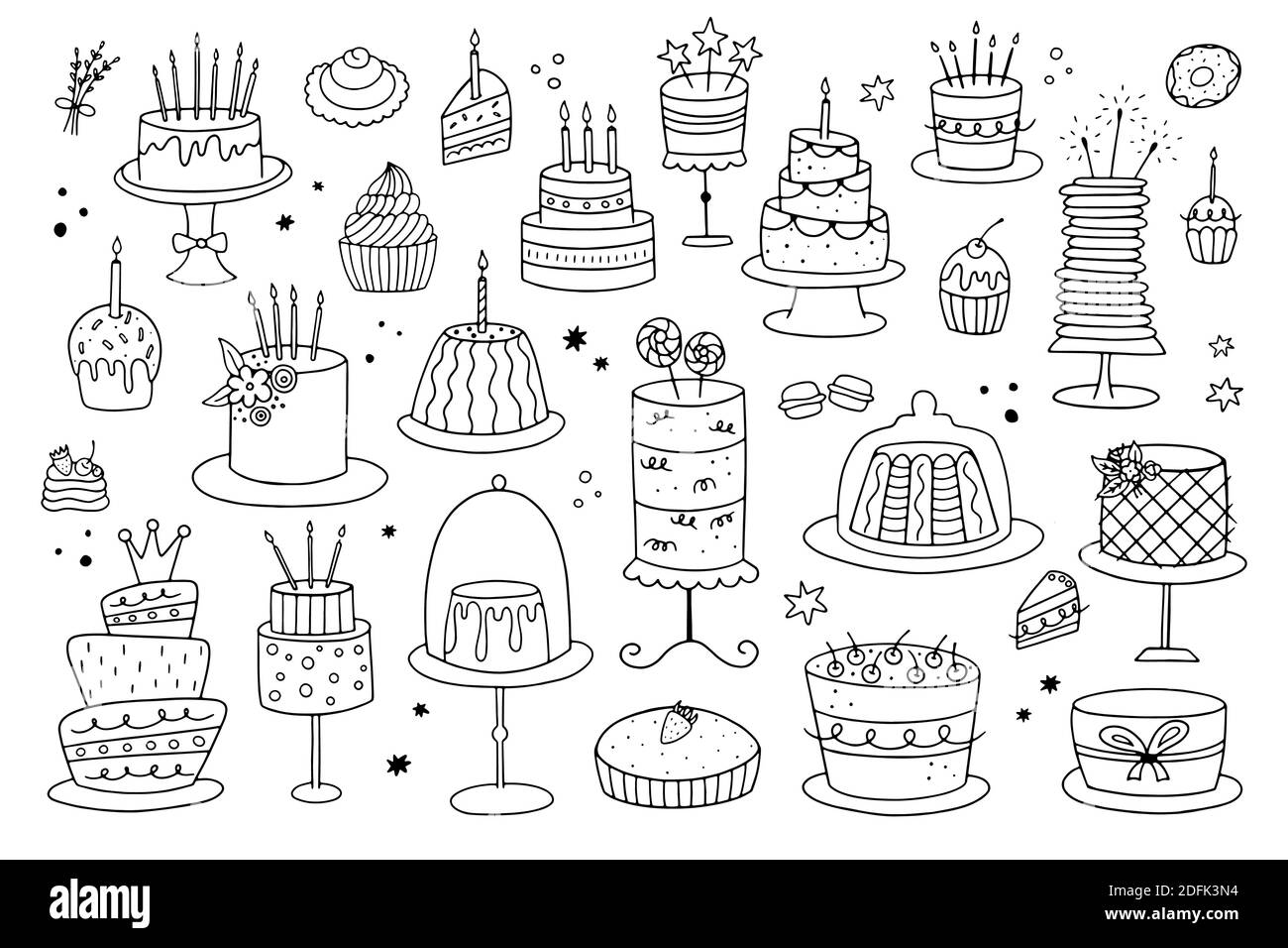 Internationaler Cake Day. Set von Doodle Kuchen auf weißem Hintergrund. Es kann für Geburtstag oder Hochzeit Karten und Malvorlagen verwendet werden. Stock Vektor