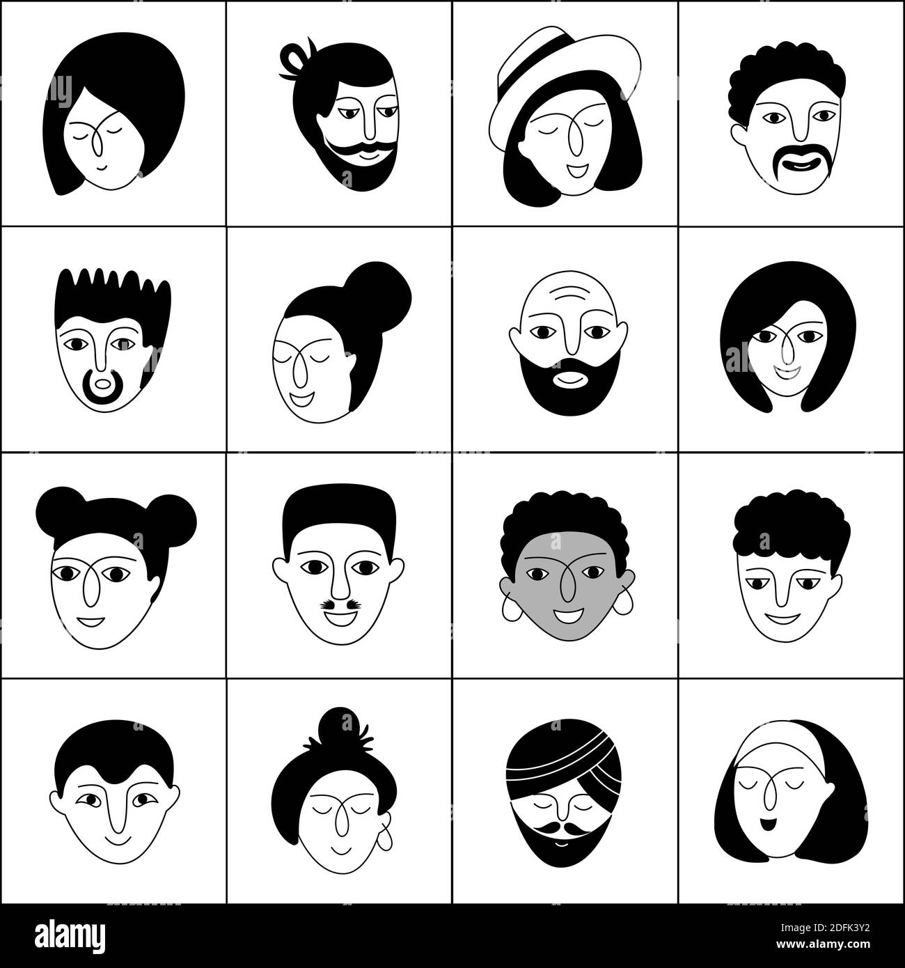 Ein multikulturelles Menschen nahtloses Muster. Handgezeichnete Vektorgrafik mit Frauen- und Männergesichtern auf weißem Hintergrund. Stock Vektor