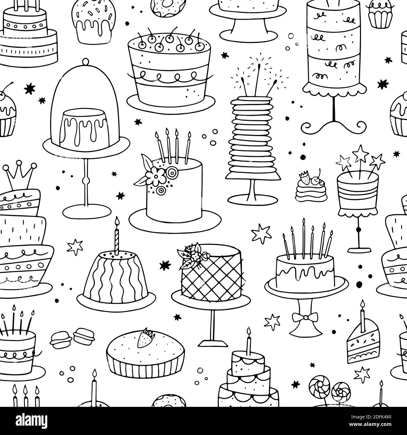 Internationaler Cake Day. Nahtloses Muster von Doodle Kuchen auf weißem Hintergrund. Es kann für Tapeten, Verpackungen, Textilien und Malvorlagen verwendet werden. Stock Vektor