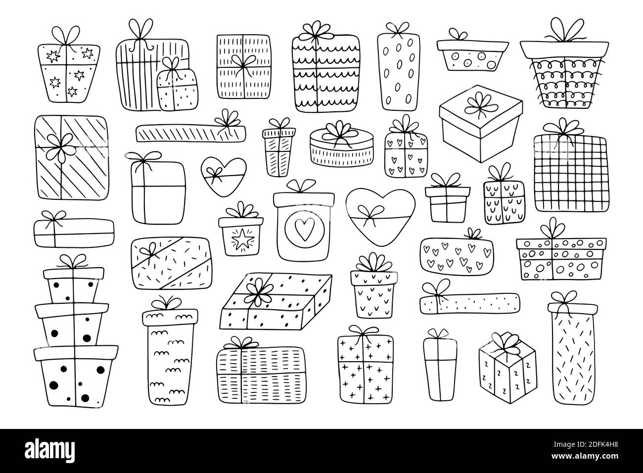 Große Reihe von handgezeichneten verschiedenen Geschenk-Boxen isoliert auf einem weißen Hintergrund. Doodle Geschenke im skandinavischen Stil zum Valentinstag, Weihnachten, Neu Stock Vektor