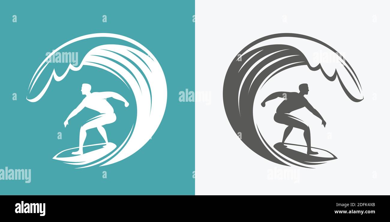 Symbol „Surfen“. Vektorgrafik Surfer und Wellenemblem Stock Vektor