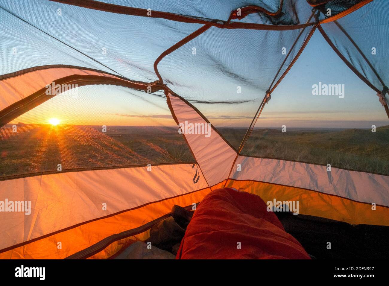 In einem Zelt im Morgengrauen, Pawnee National Grassland, Colorado, USA Stockfoto