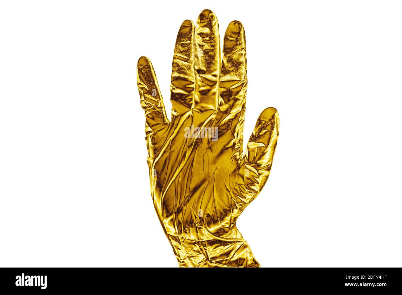 Menschliche Hand in goldenen medizinischen Handschuh weißen Hintergrund isoliert Nahaufnahme, ein Arzt oder Krankenschwester Hand in Gold Schutzhandschuh, Stop-Geste, Aufmerksamkeit Zeichen Stockfoto
