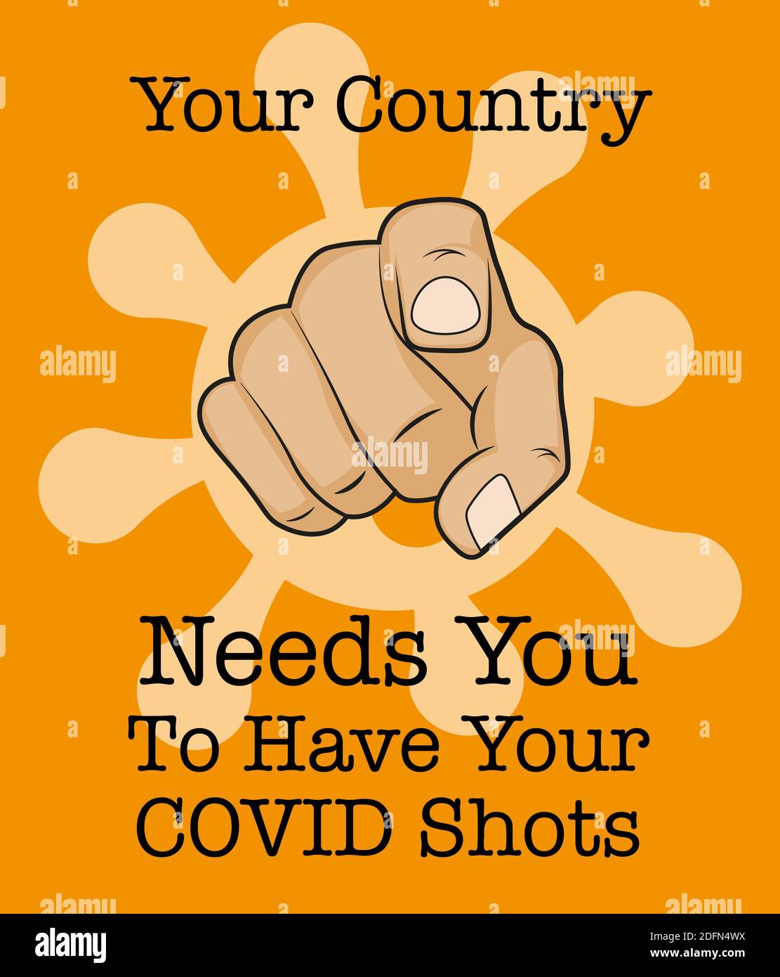 Ihr Land braucht Sie, um Ihre covid Schüsse haben - Vektor-Illustration auf einem orangen Hintergrund mit Zeigefinger Stock Vektor