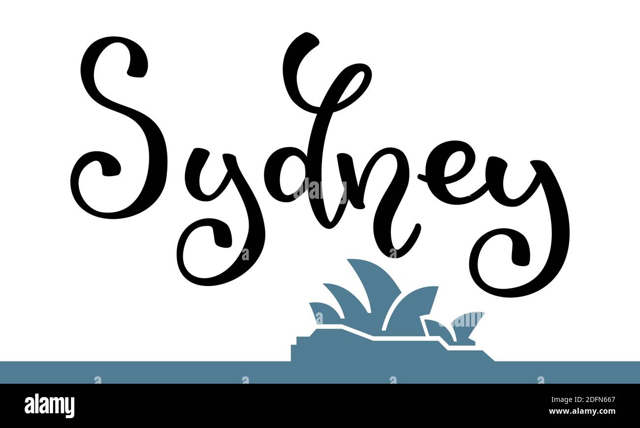 Handbeschriftende Schriftzüge von Sydney und eine Silhouette des Opernhauses von Sydney. Vorlage für Karte, Poster, Druck. Stock Vektor