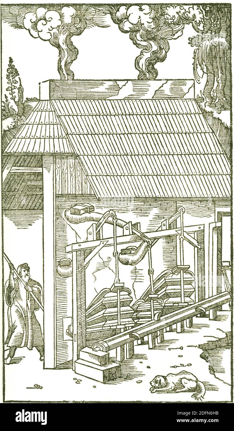 Blasebalg, historischer Bericht von Georgius Agricola, De re metallica libri XII, Bergbau und Metallurgie, Metallurgie, veröffentlicht 1556 Stockfoto
