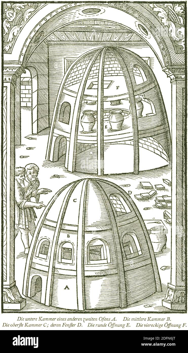 Glasofen, in dem sowohl die Rohstoffe geschmolzen und das Glas neu verfilzt wird, historische Darstellung von Georgius Agricola, De re metallica libri Stockfoto