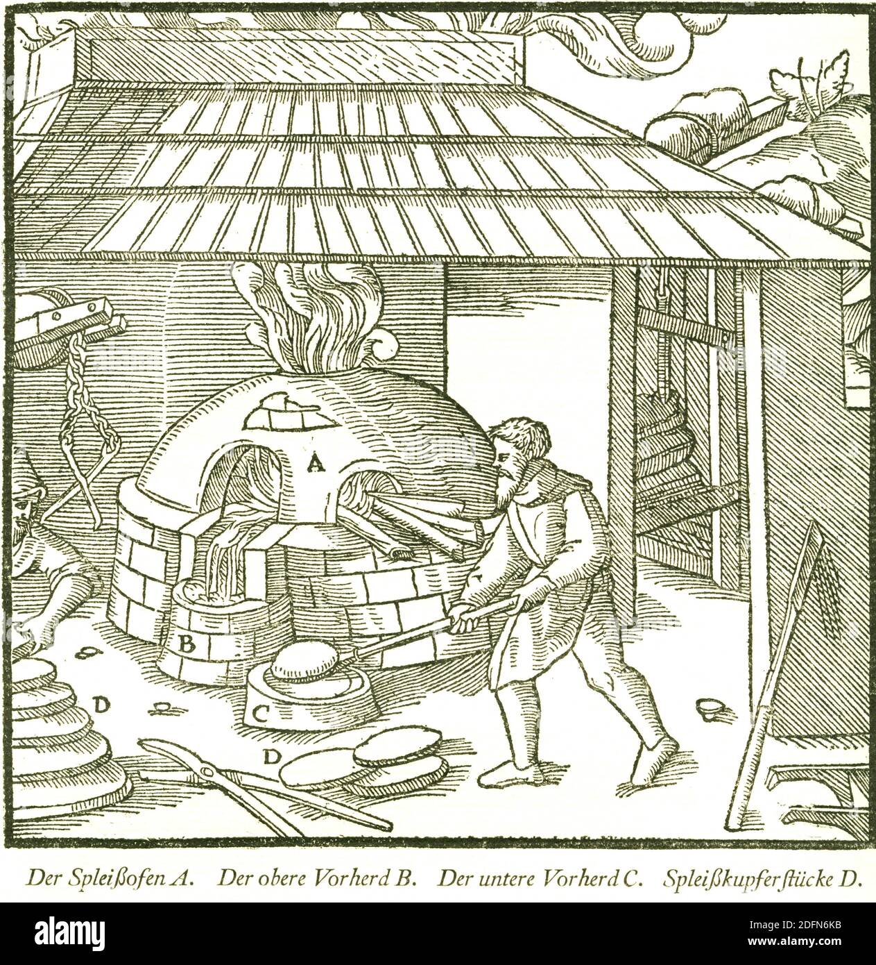 Spleißofen, historische Darstellung von Georgius Agricola, De re metallica libri XII, Bergbau und Metallurgie, Metallurgie, veröffentlicht 1556 Stockfoto
