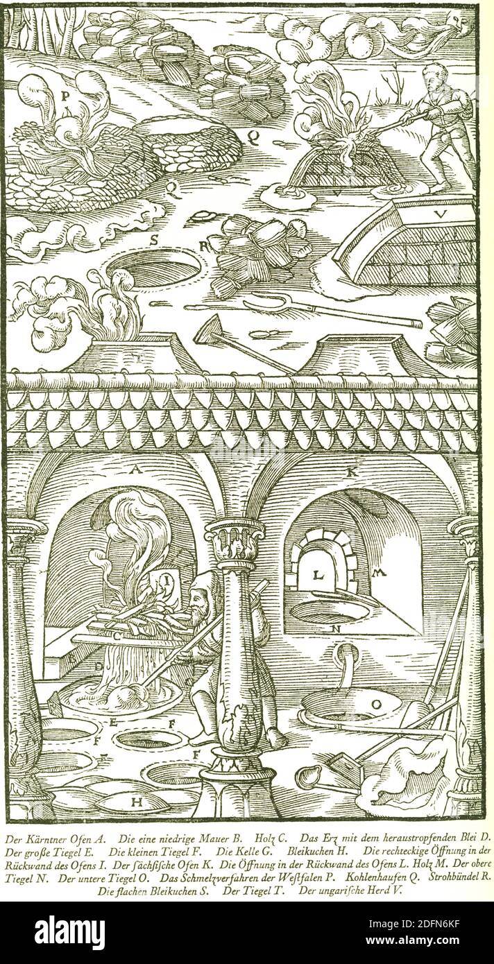 Bleiherd, historische Darstellung von Georgius Agricola, De re metallica libri XII, Berg- und Huettenwesen, Metallkunde, erschienen 1556 Stockfoto
