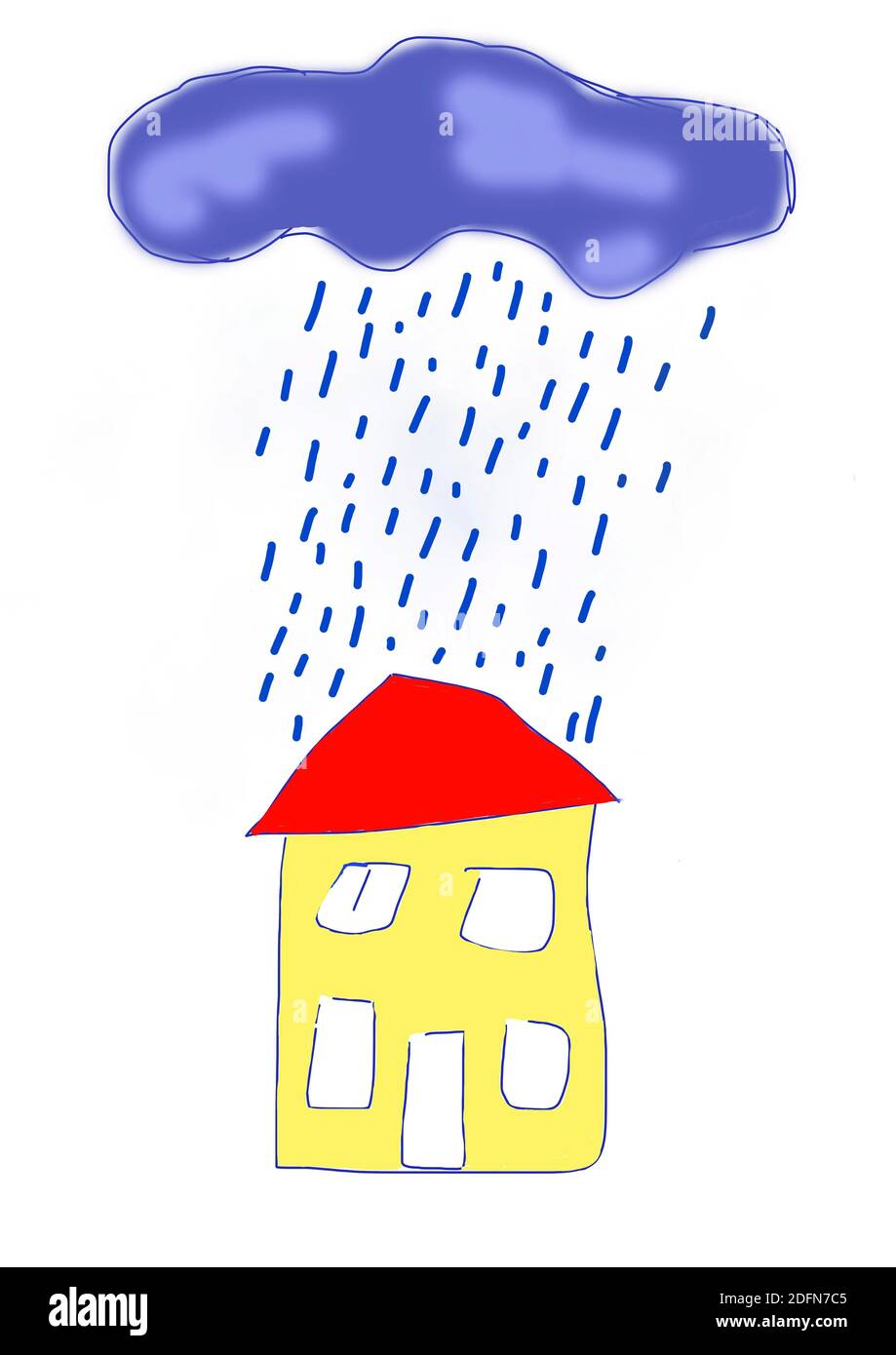 Naive Illustration, Kinderzeichnung, Regentropfen fallen auf ein Haus, Österreich Stockfoto