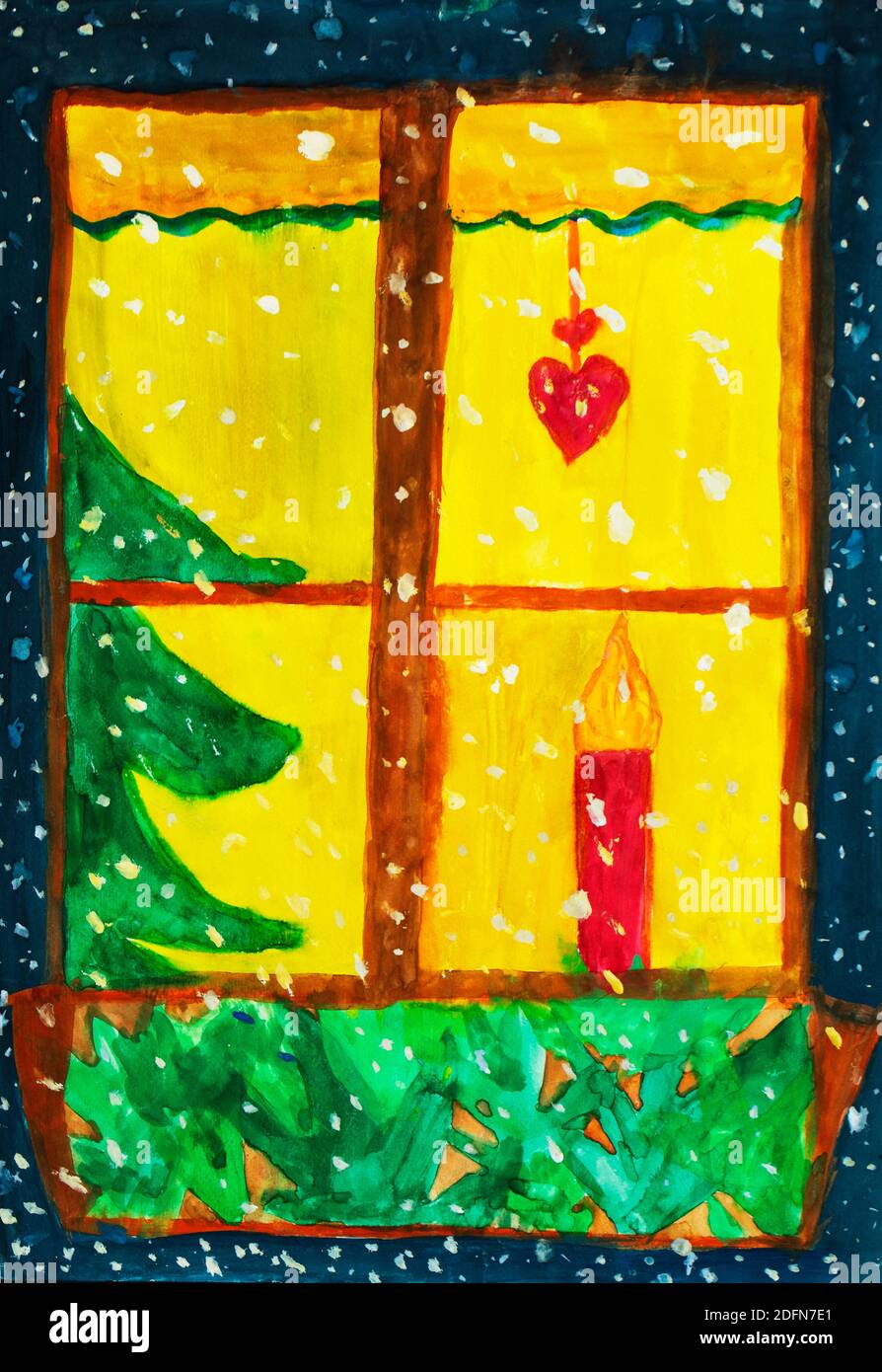 Naive Illustration, Kinderzeichnung, Weihnachten, Blick durch ein Fenster zum Weihnachtsbaum, Österreich Stockfoto