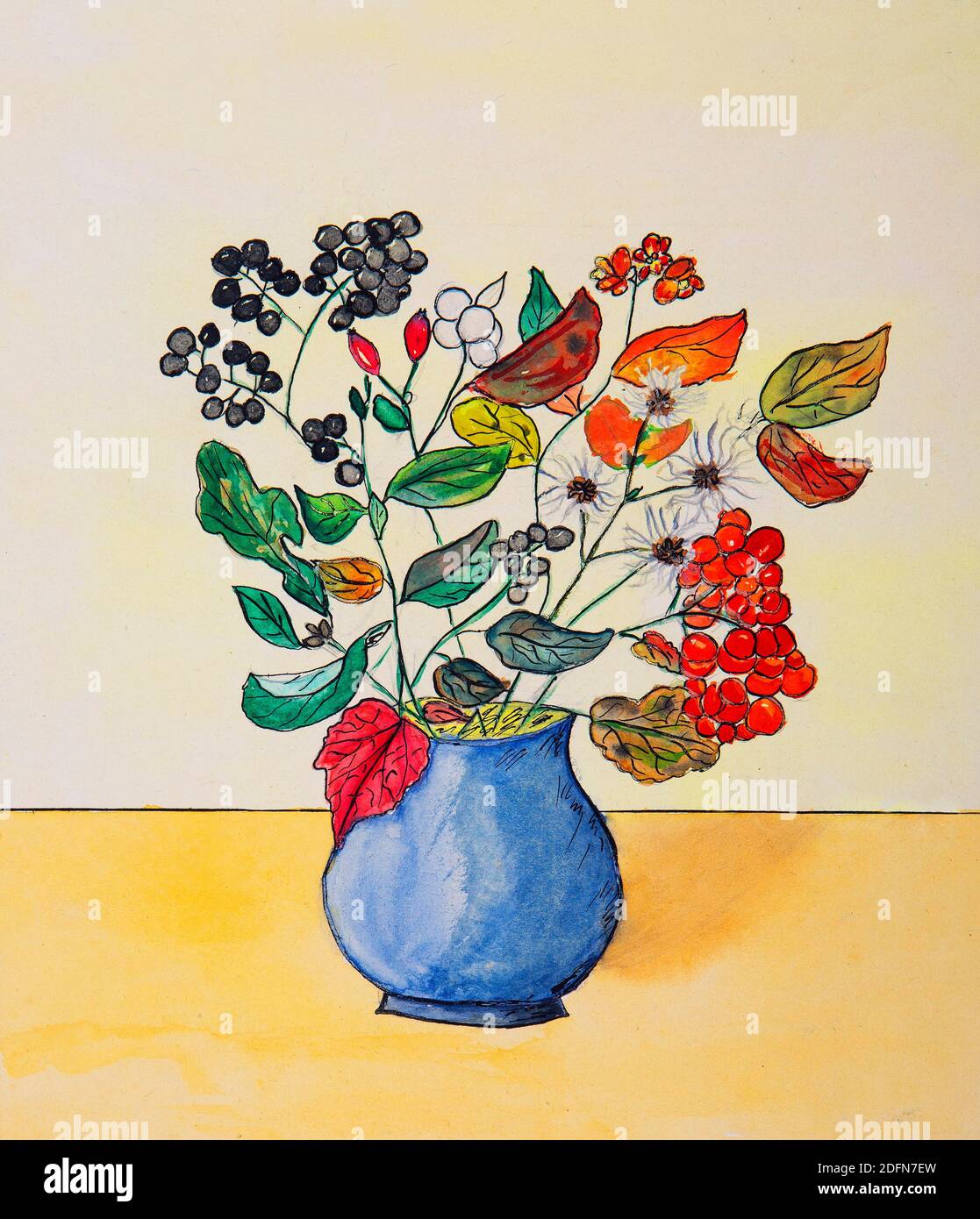 BNaive Illustration, bunter Herbststrauch in Blumenvase, Österreich Stockfoto