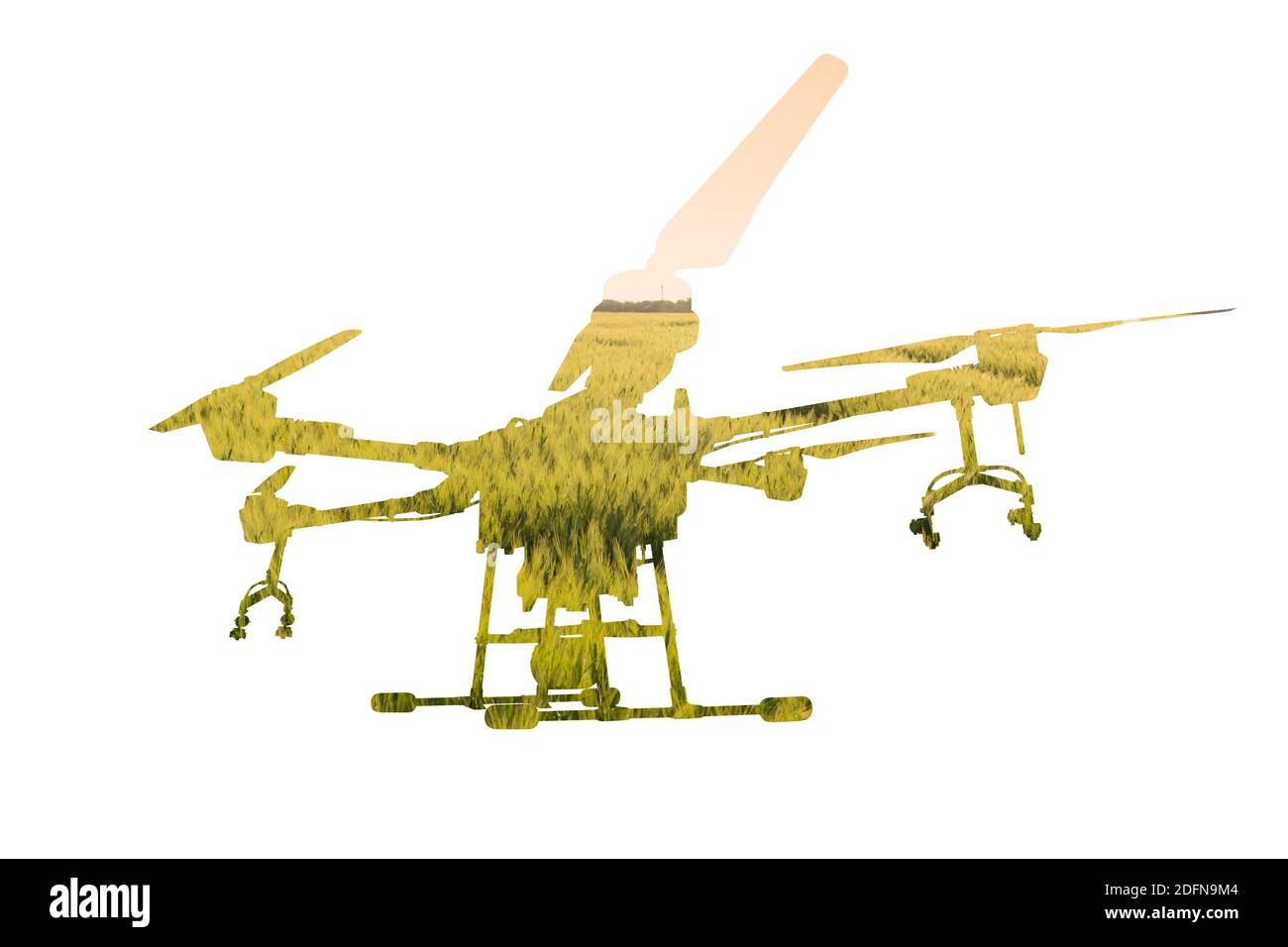 Silhouette einer Drohne mit landwirtschaftlichem Feld Stockfoto