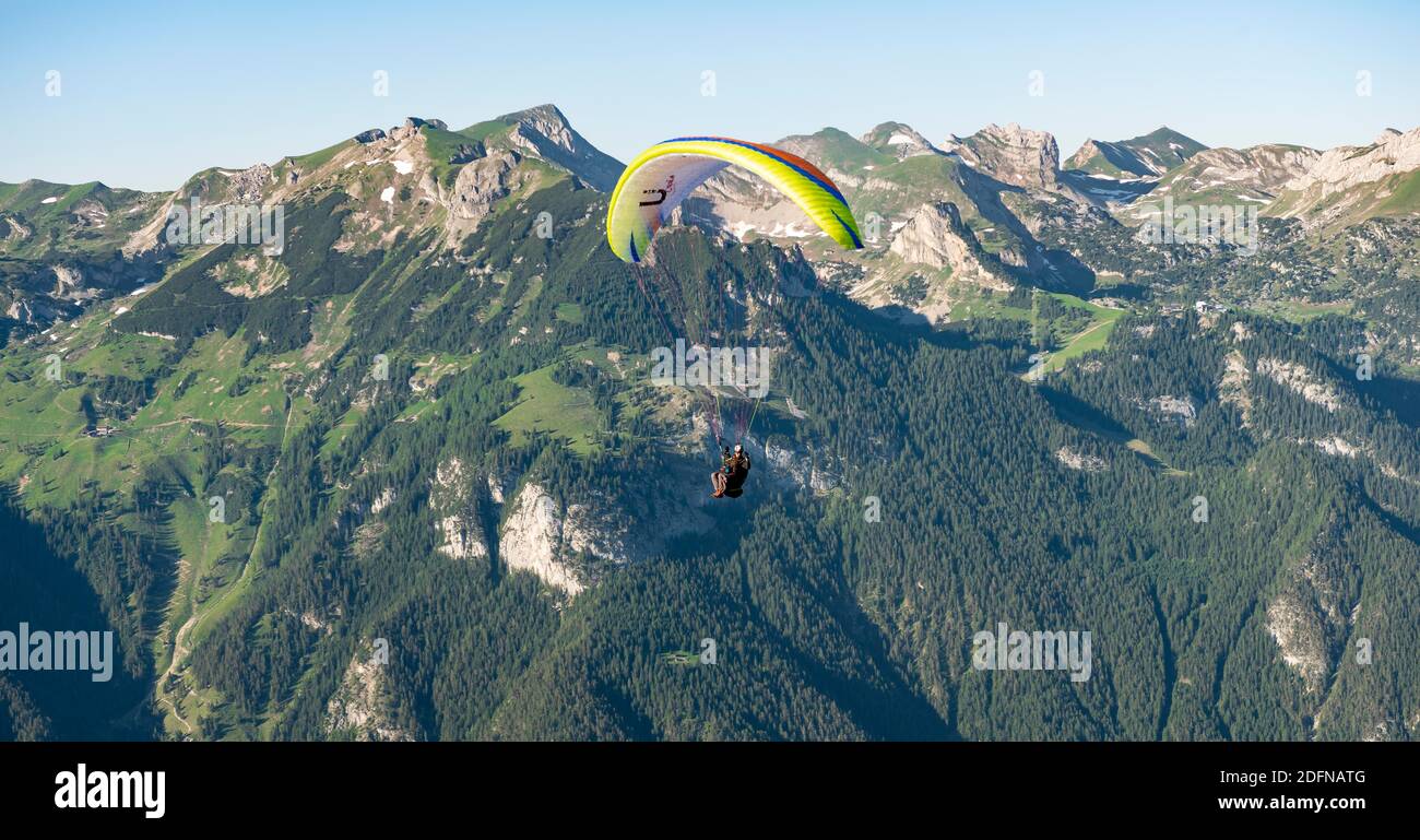 Gleitschirm im Flug vor dem Rofangebirge, Achensee, Tirol, Österreich Stockfoto