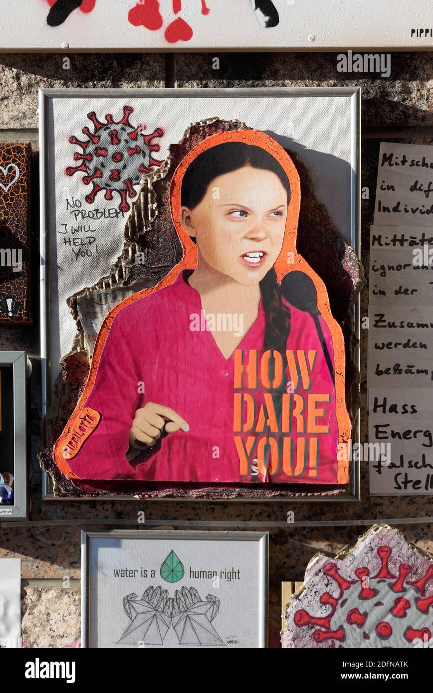 Kunstcollage mit Porträt von Greta Thunberg, wie es Ihnen wagt, Appell für Klima- und Umweltschutz, Freilichtgalerie Flingern, Düsseldorf Stockfoto
