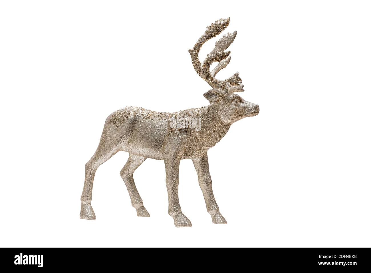 Spielzeug Hirsch aus goldenen Pailletten isoliert auf weiß. Neujahr oder Weihnachten Hirsch Spielzeug Stockfoto