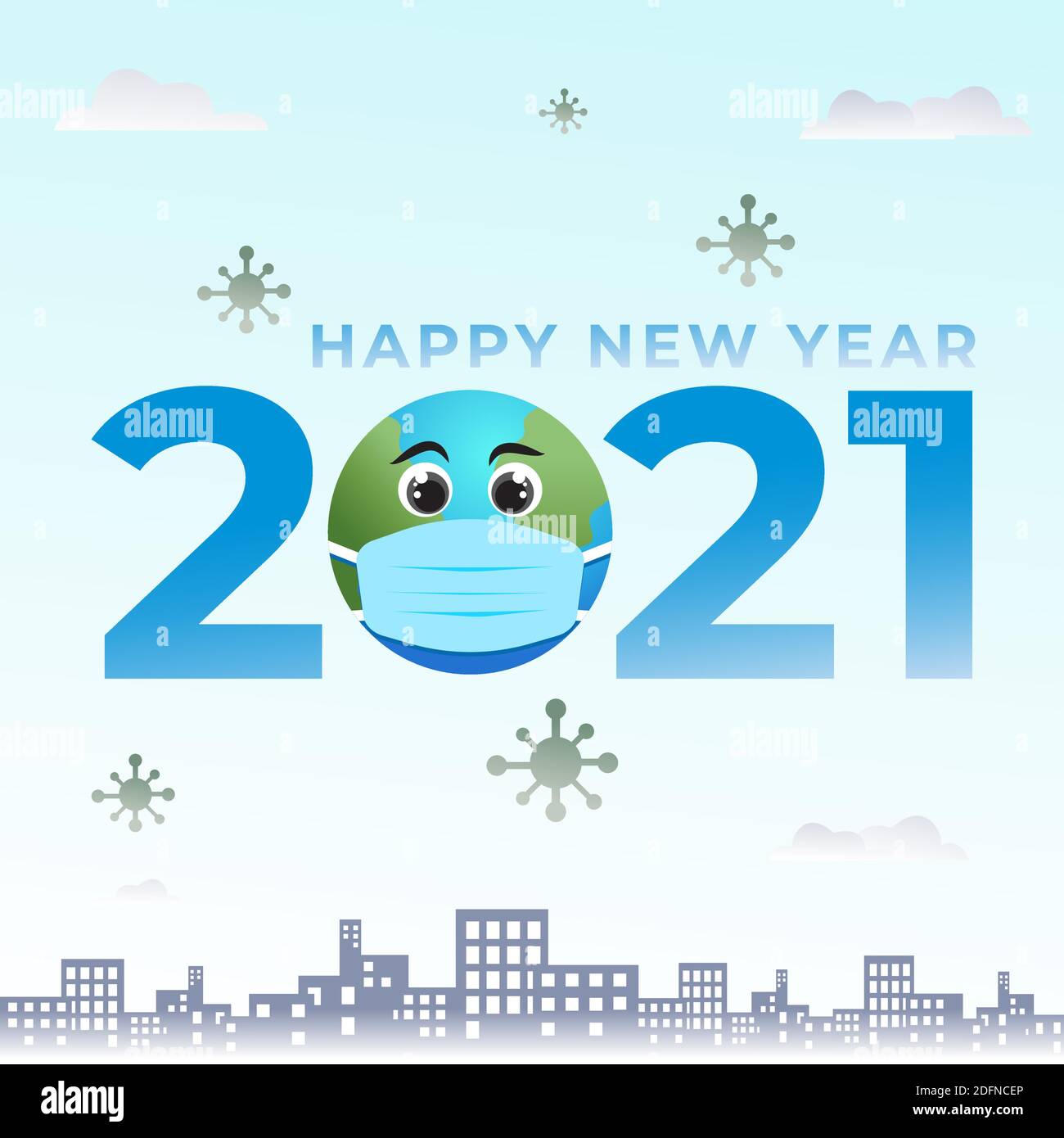 Covid-19 Pandemiekonzept von 2021 glückliches neues Jahr Poster. Erde in blauer medizinischer Gesichtsmaske. Coronavirus Quarantäne Vektor Illustration. Blick auf den städtischen Himmel Stock Vektor