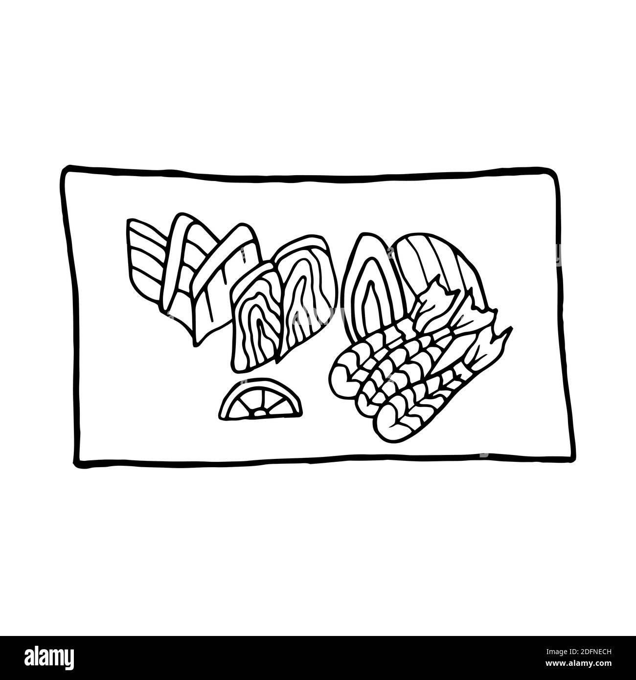 Vektor Hand gezeichnete Doodle Sashimi auf dem Teller. Japanisches Gericht. Design Skizzenelement für Menü Café, Restaurant, Etikett und Verpackung. Illustrati Stock Vektor