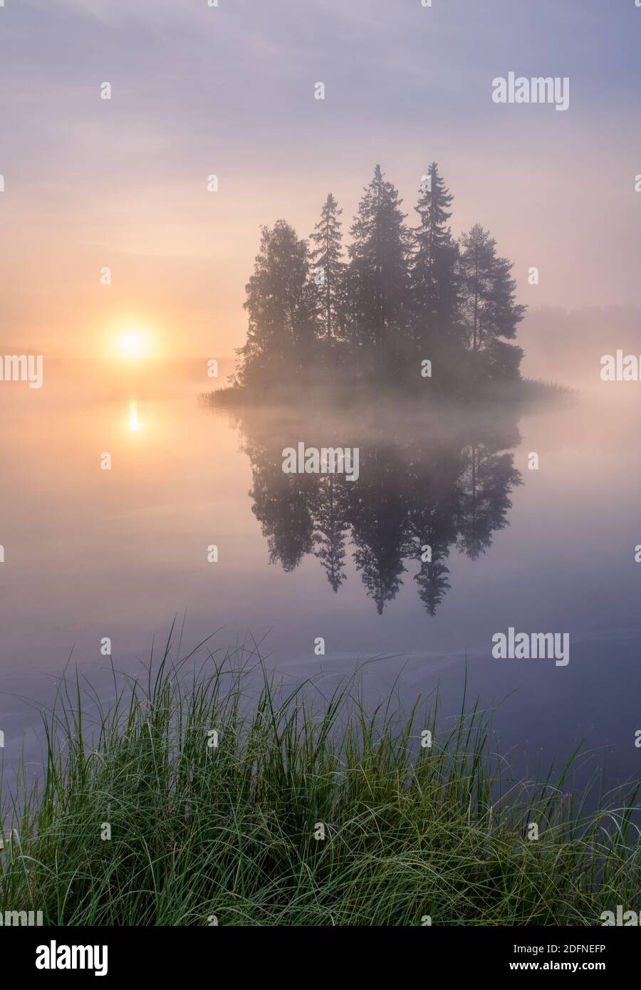 Malerische Naturlandschaft mit Stimmungsnebel und schönem Sonnenaufgang Früher Sommermorgen in Finnland am See Stockfoto