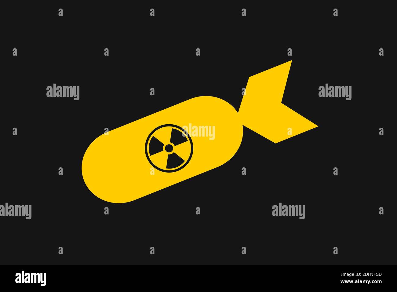 Atom- und Atombombe - Waffe und Exposive der Massenvernichtung. Rakete mit Symbol für Strahlung und Radioaktivität. Vektorgrafik Stockfoto