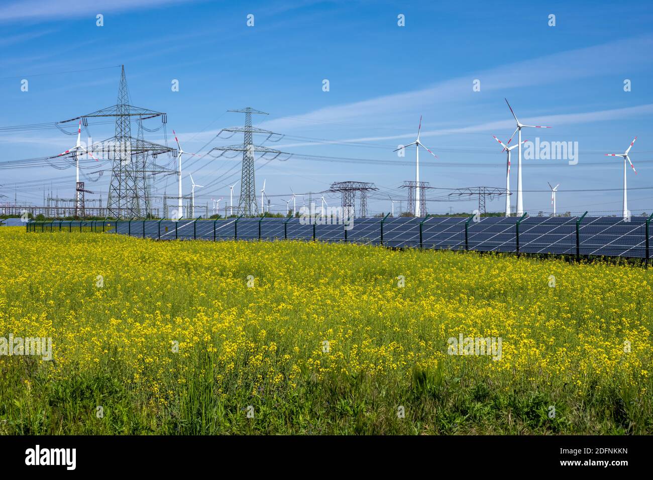 Sonnenkollektoren, Stromleitungen und Windkraftanlagen in Deutschland gesehen Stockfoto
