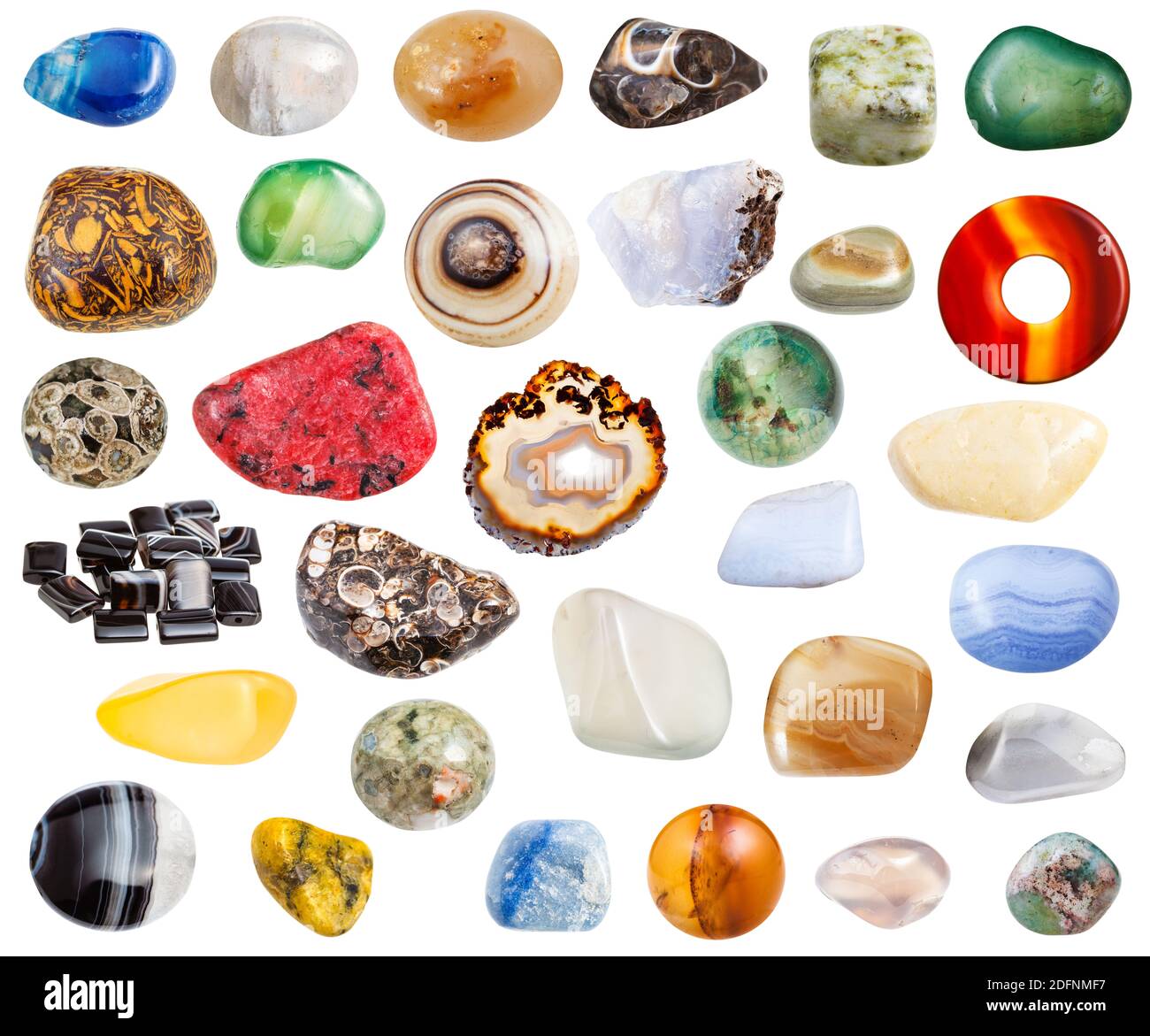 Collage aus verschiedenen Achat natürlichen mineralischen Edelsteinen isoliert auf Weißer Hintergrund Stockfoto
