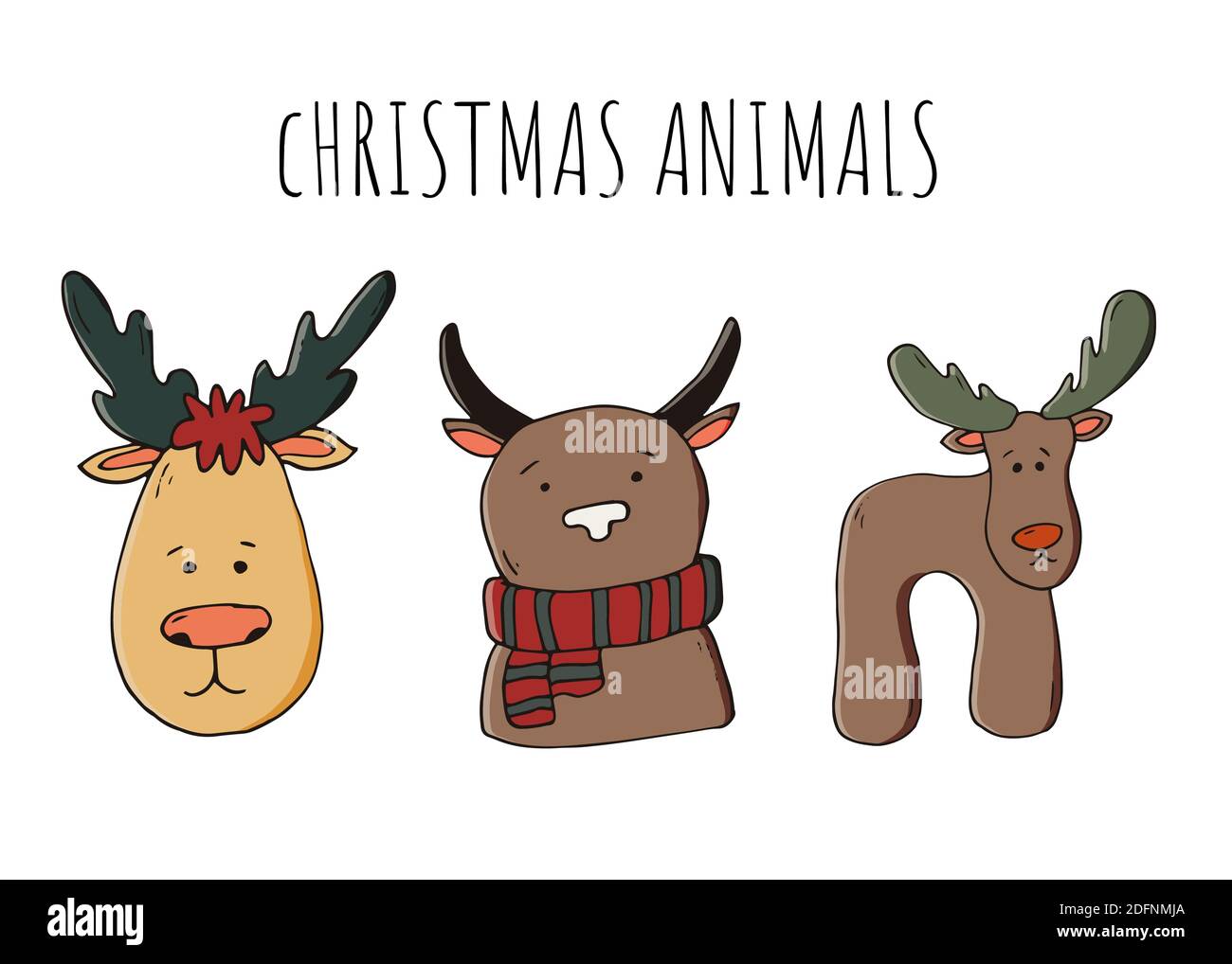 Weihnachten cartooon Tiere Set, handgezeichnete Vektor-Illustration. Elemente für Grußkarten und Postkarten. Stock Vektor