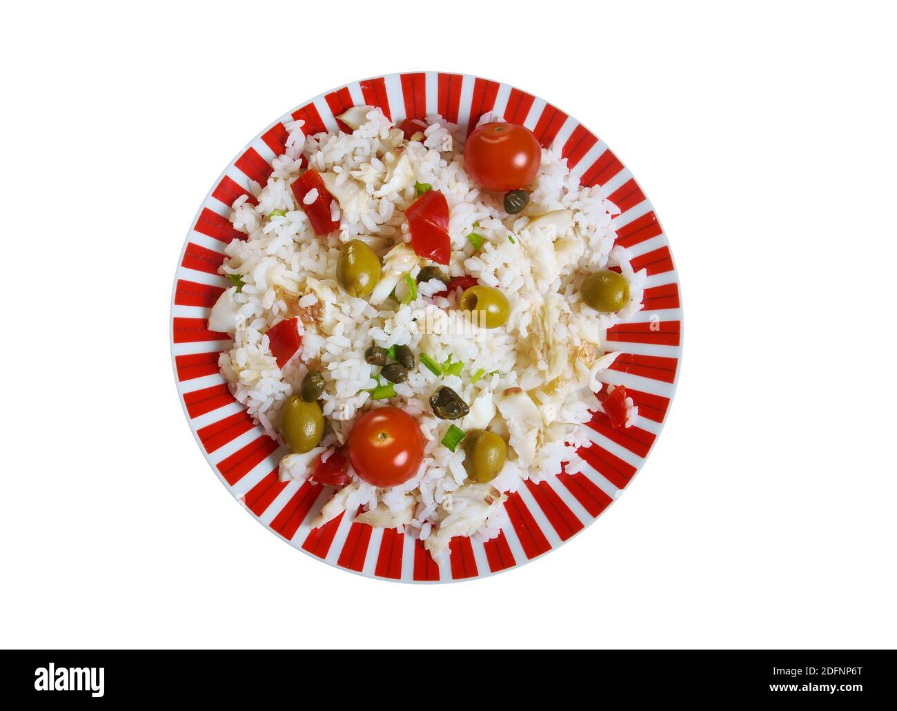 Arroz de bacalhau, Bacalhau-Reis, Codfish-Reis – typisch portugiesische Gerichte Stockfoto