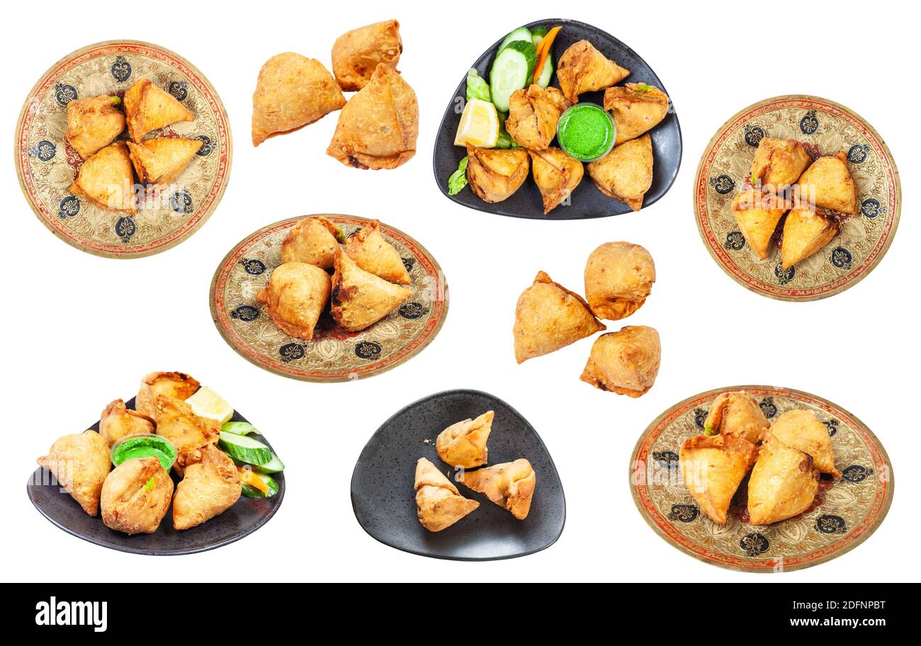 Set aus verschiedenen Samosas (gebratener indischer Bohnenkraut-Gebäck) Isoliert auf weißem Hintergrund Stockfoto