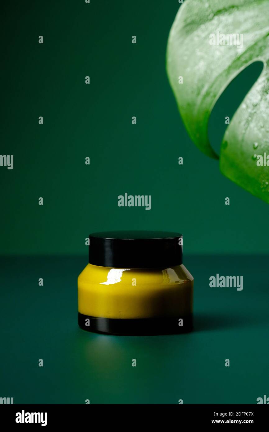 Glas Glas mit natürlicher Feuchtigkeitscreme und tropischem Blatt auf grünem Hintergrund. Verpackungsdesign für Bio-Kosmetik. Stockfoto