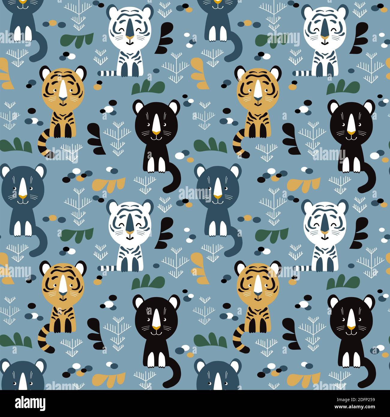 Kindisch nahtloses Muster mit handgezeichneten Wildkatzen und Savannenelementen. Kreative Kinder für Stoff, Verpackung, Textil, Tapete, Kleidung. Vektor-Abb. Stock Vektor