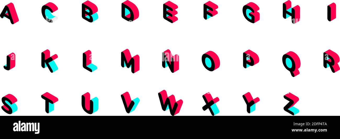 Kreativer Stil isometrisches 3d-Alphabet auf weißem Hintergrund isoliert. TIK Tok Farbbuchstaben des sozialen Netzwerks. Vektorgrafik Stock Vektor