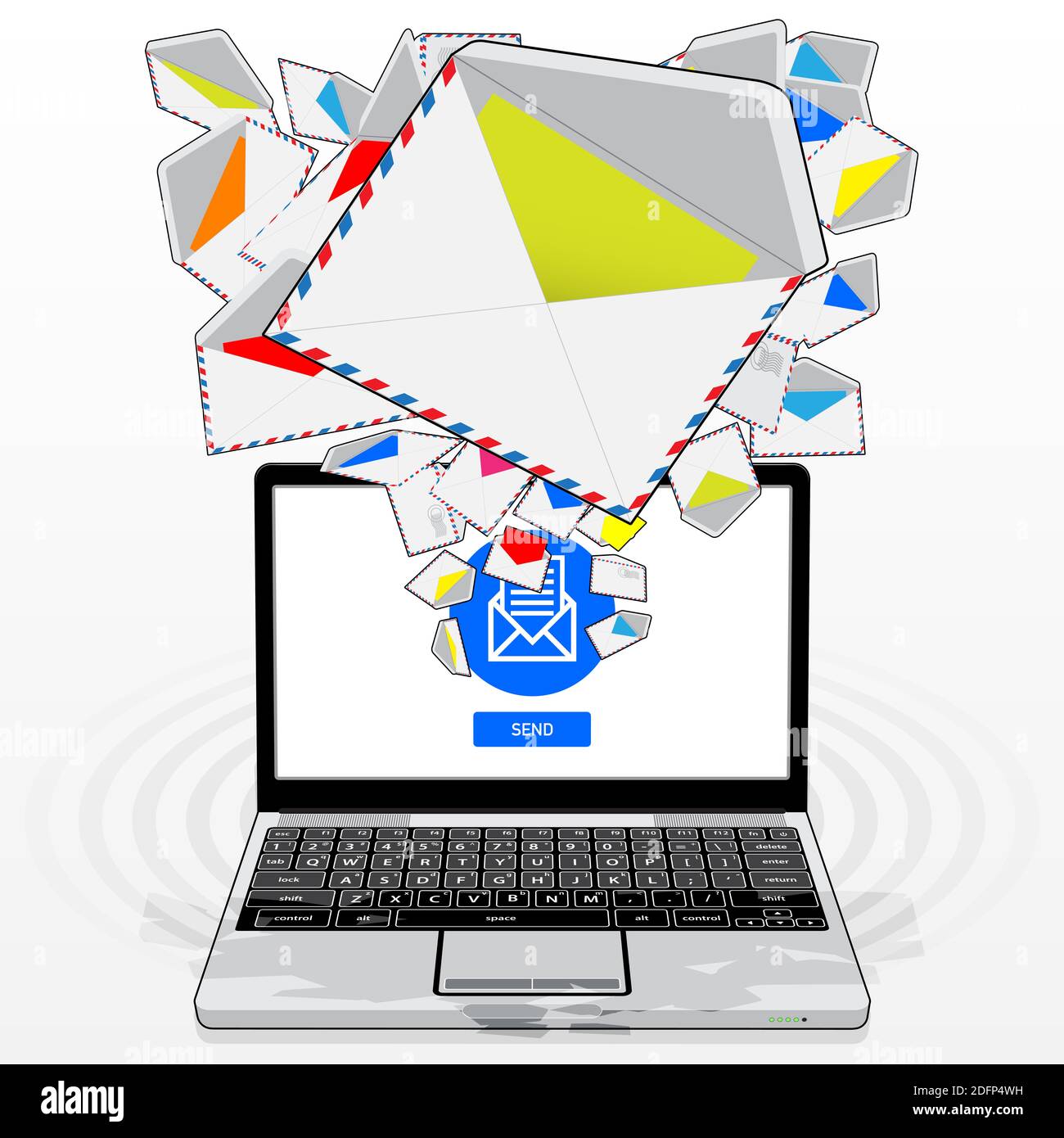 Ein Laptop-Computer, der elektronische Post sendet und empfängt. Abgebildet ist ein zufälliger E-Mail-Stream, der von seinem Bildschirm aus per Zufallsprinzip emittiert/gestreamt wird. Stockfoto