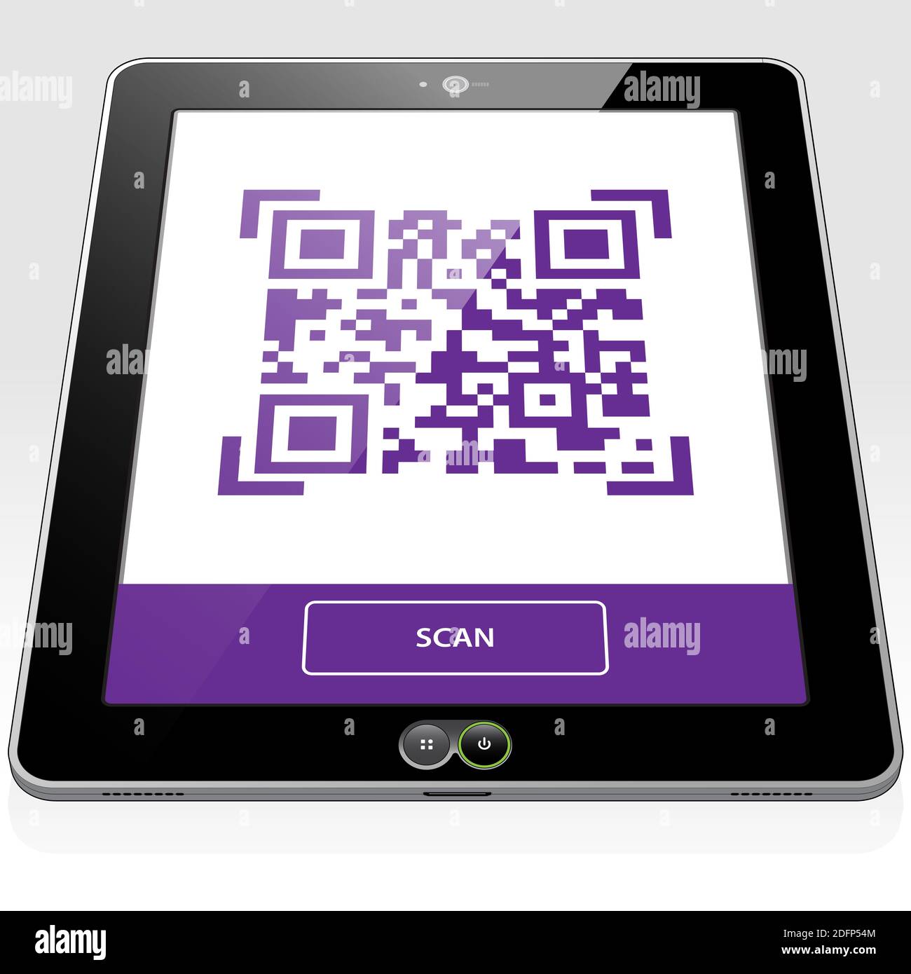 Eine QR-Code-Grafik, die auf einem Tablet-PC-Touchscreen angezeigt wird. Die QR-Code-Grafik ist zum Scannen bereit. Stockfoto