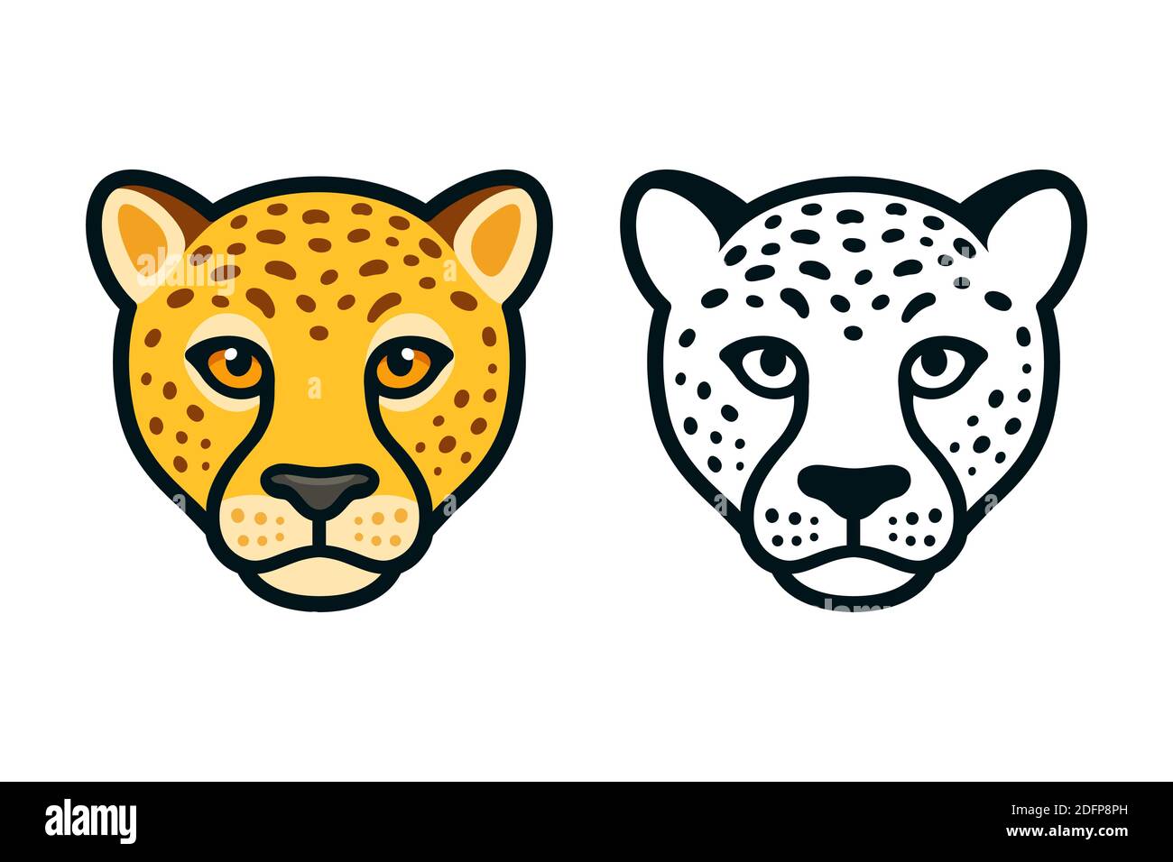 Cartoon Gepard Kopf, Farbe und schwarz und weiß. Frontansicht, Maskottchen- oder Logo-Design. Isolierte Vektordarstellung. Stock Vektor