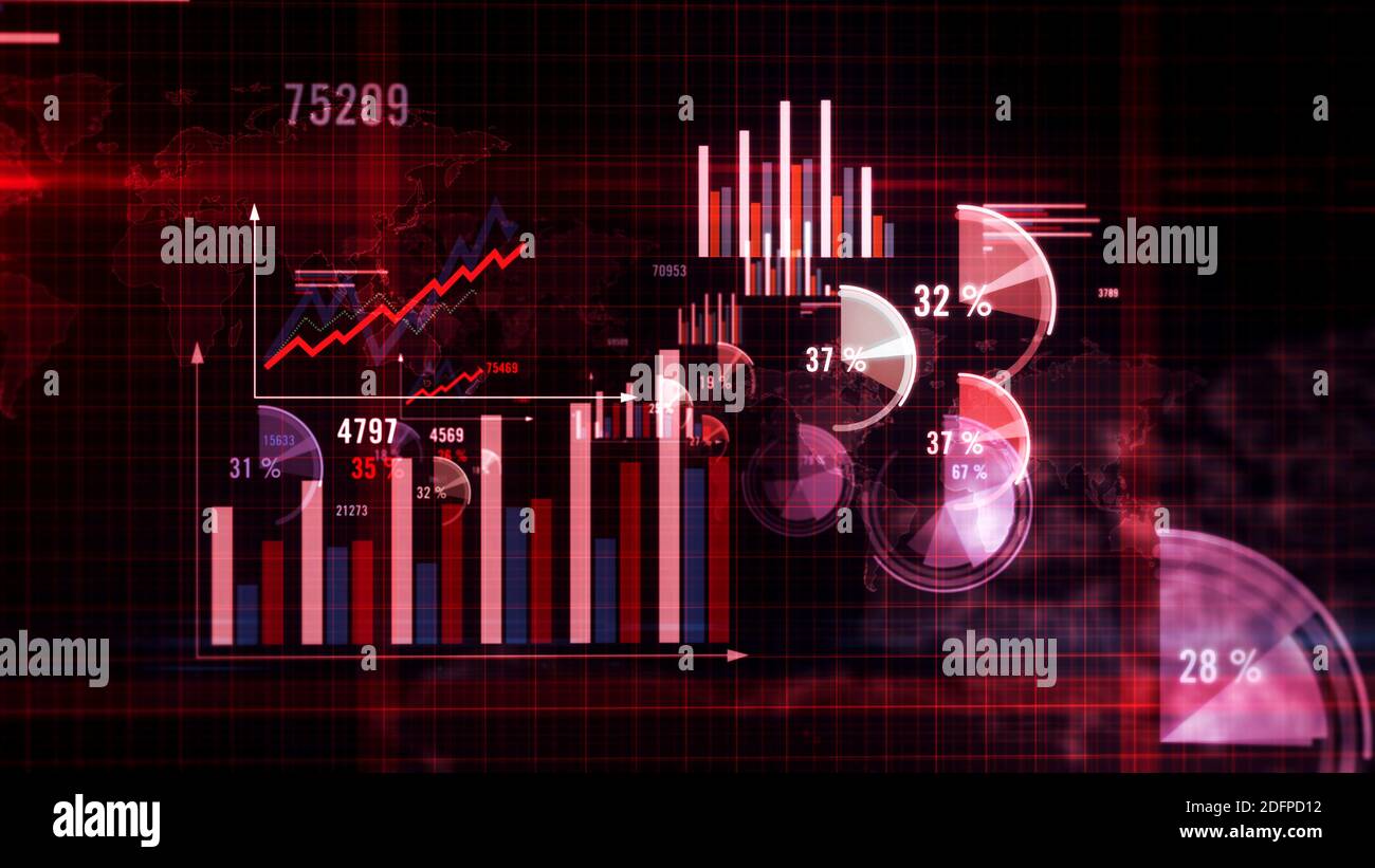 Abbildung des Diagrammkonzepts. Wirtschaft, Global Business, Statistik, Krise und Finanzen. Abstrakte Grafiken und Diagramme auf rotem Hintergrund. Stockfoto