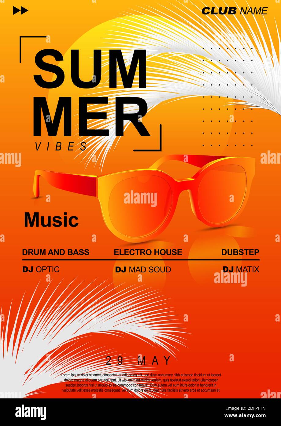 Elektronische Musik Cover Design für Sommer Fest oder DJ Party Flyer. Sommermusikplakat mit Sonnenbrille und Palmblättern. Stock Vektor