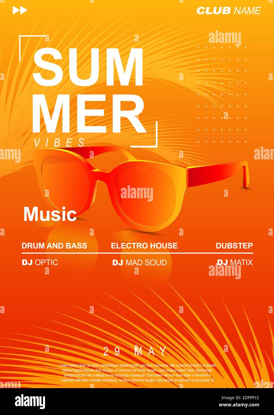 Sommermusikplakat mit Sonnenbrille und Palmblättern. Elektronische Musik  Cover Design für Sommer Fest oder DJ Party Flyer Stock-Vektorgrafik - Alamy