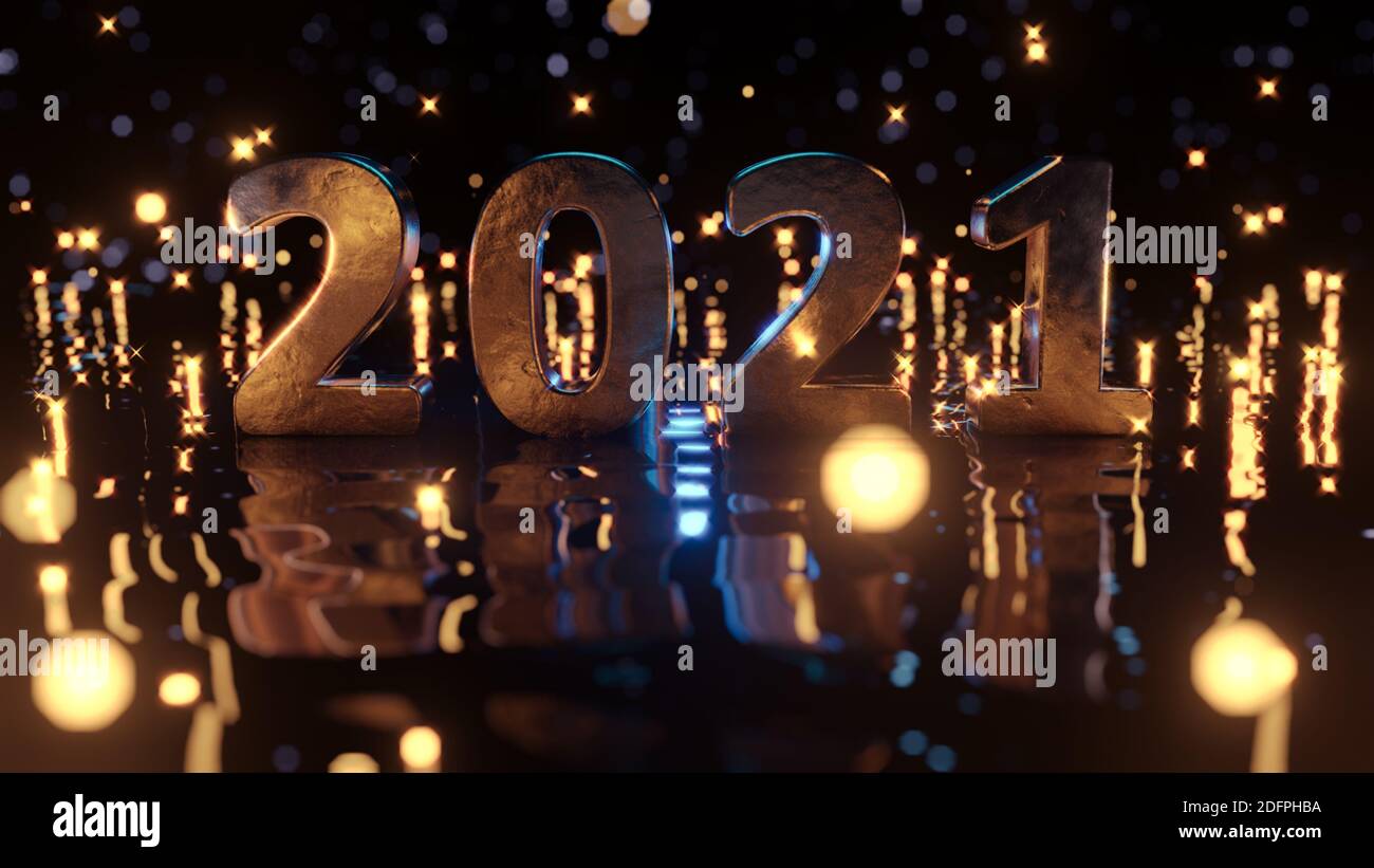 Nahaufnahme der Goldzahl 2021 auf reflektierendem schwarzen welligen Boden mit eisblauem Bokeh Hintergrund. Goldene Teilchen fliegen herum. Frohes neues Jahr 2021. 3D ren Stockfoto