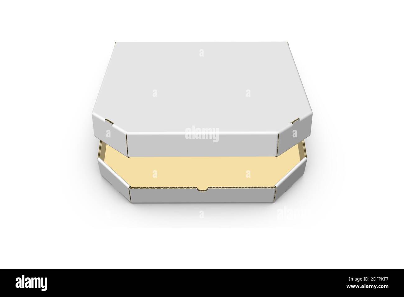 3D-Rendering - hochauflösendes Bild weiße Pizza-Box Vorlage isoliert auf weißem Hintergrund, hochwertige Details aus Pappe Stockfoto