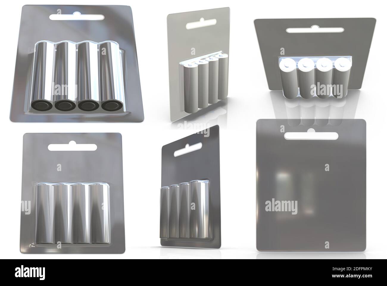 3D-Rendering - hochauflösendes Bild weiß Blisterpackung AA-Batterie Vorlage isoliert auf weißem Hintergrund, hochwertige Details Stockfoto