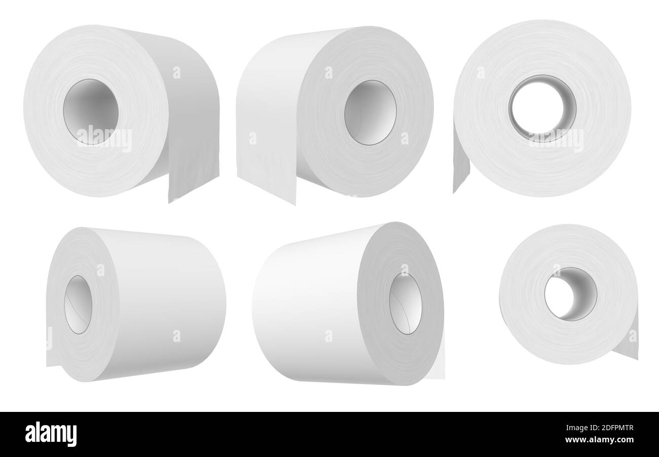 3D-Rendering - hochauflösendes Bild weiße Toilettenrolle entrollte Vorlage isoliert auf weißem Hintergrund, hochwertige Details Stockfoto
